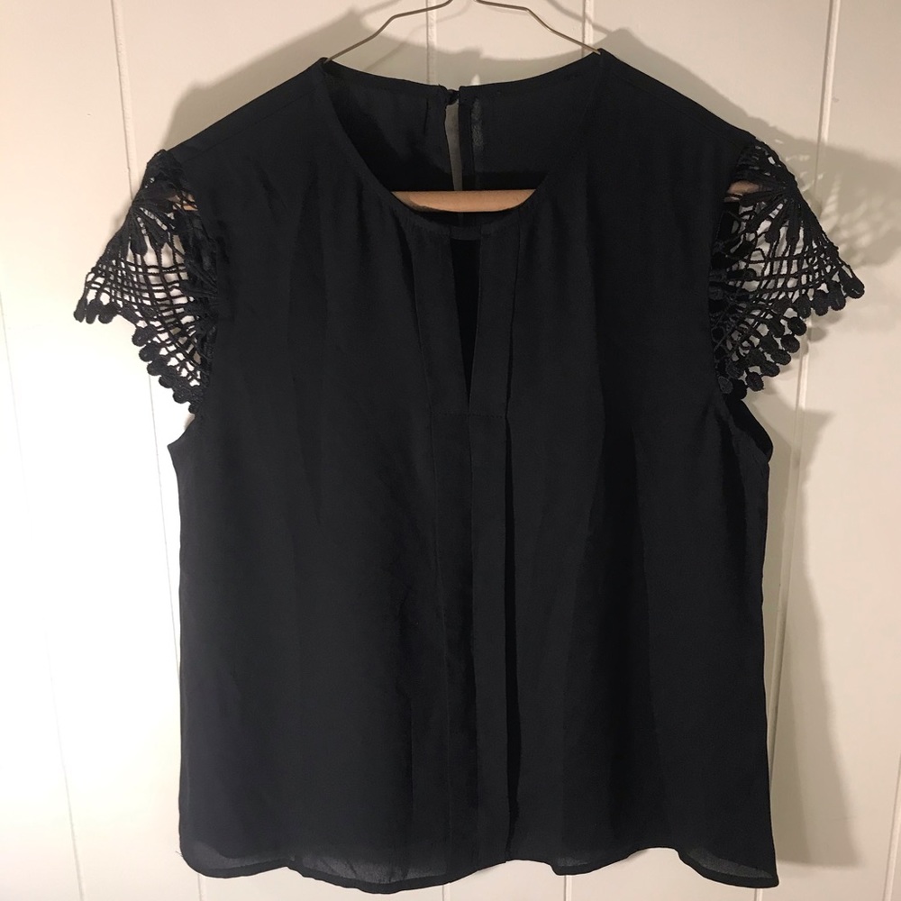 Women’s Pleated Blouse, Lace Shoulders, Black